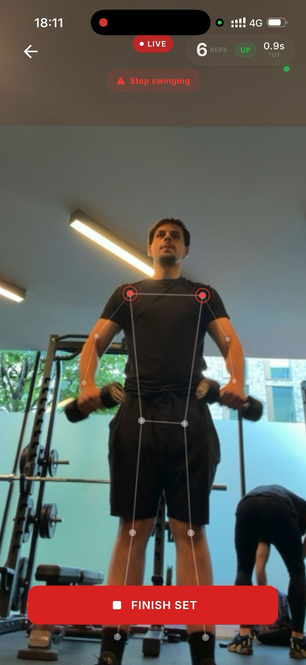 Sportzal app — live form cue flagging joints mid-set
