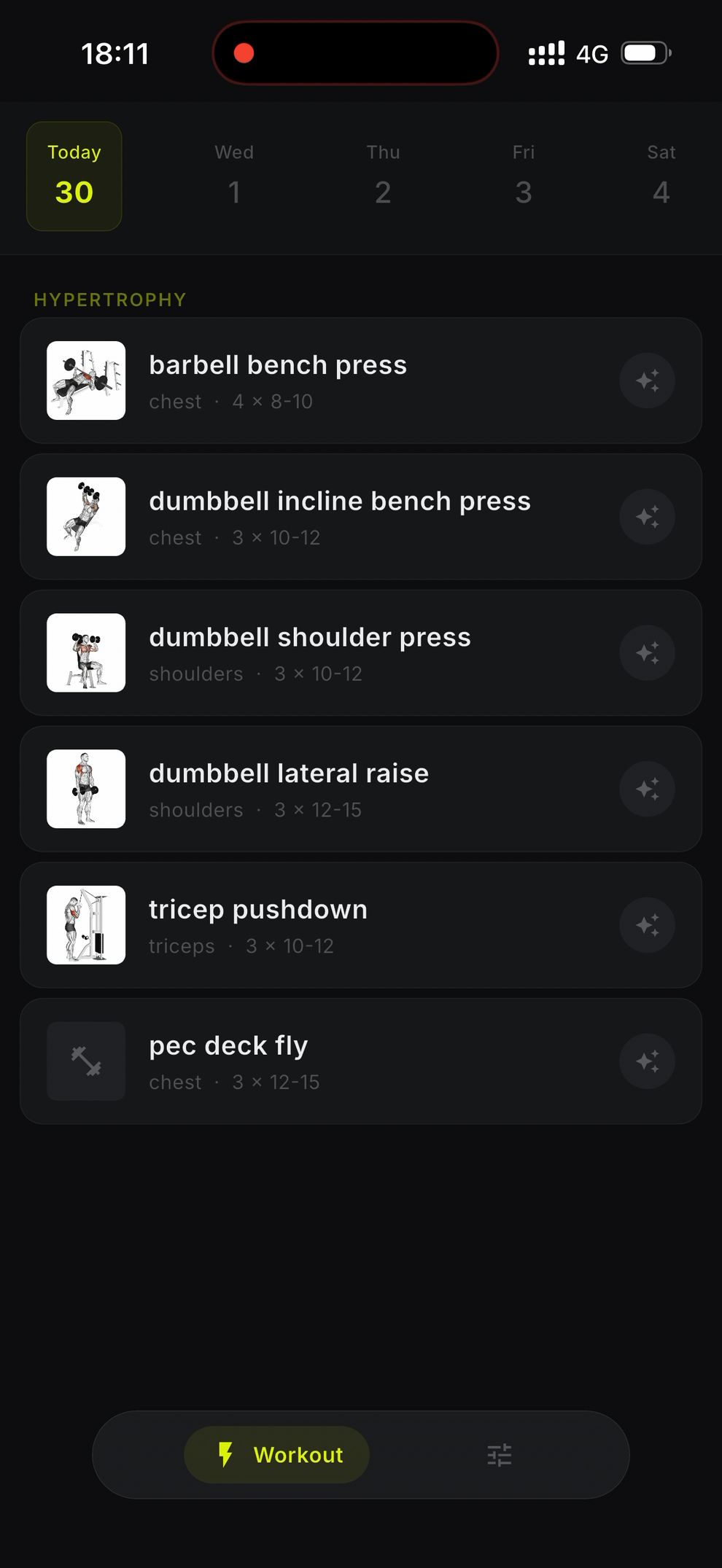 Sportzal app — today's AI-generated workout plan