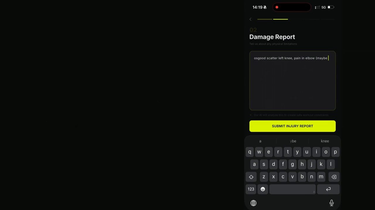 Sportzal injury capture — damage report screen for recording pain or limitation.