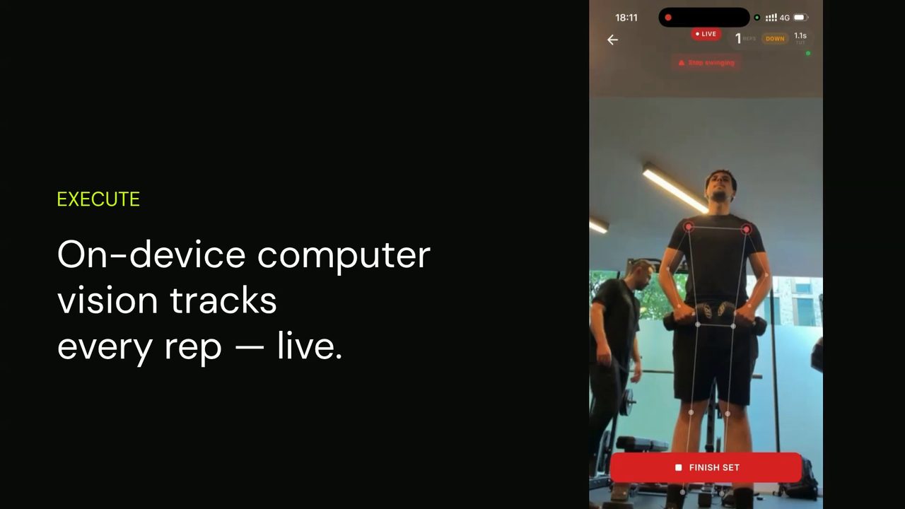 The Sportzal iOS app running a live set — on-device computer vision tracking joints and counting reps in real time.